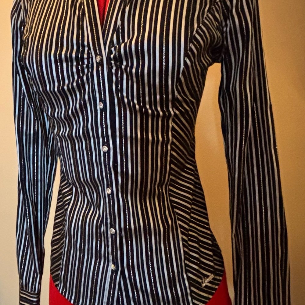 Guess NWT Shimmer Black and White Striped Crystal Button-Up Shirt